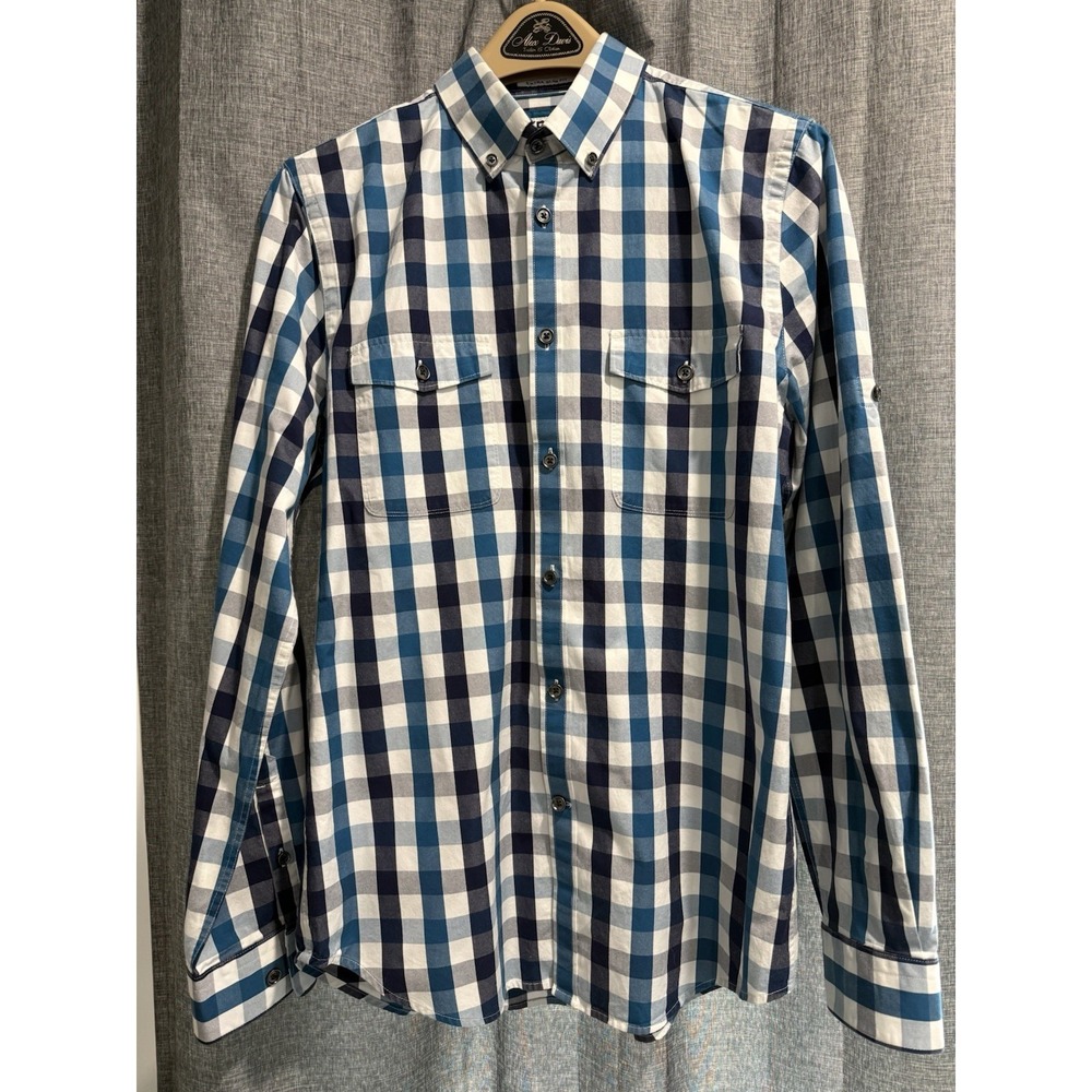 Express Extra Slim Fit Button Down Shirt Mens Size M 15-15.5 Blue Plaid Roll Tab